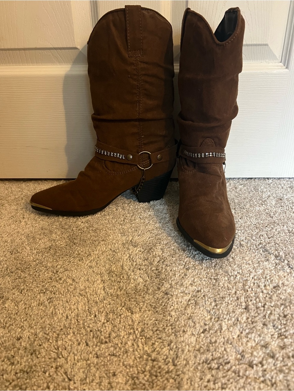 Women's Brown Suede Western Boot with Decorative Strap